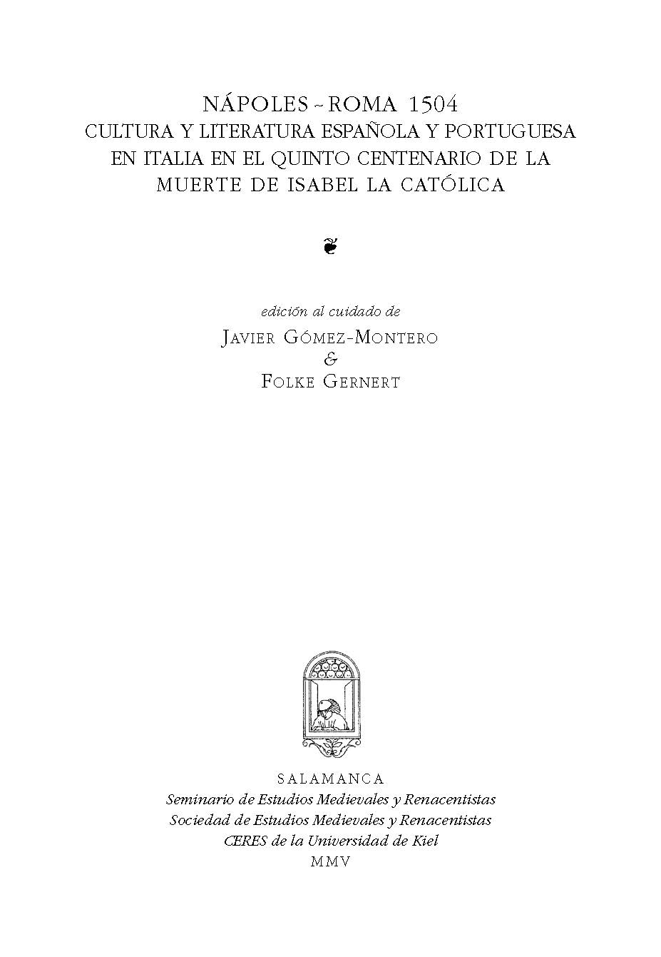 Nápoles ~ Roma 1504. Cultura y literatura española y portuguesa en Italia en el quinto centenario de la muerte de Isabel la Católica